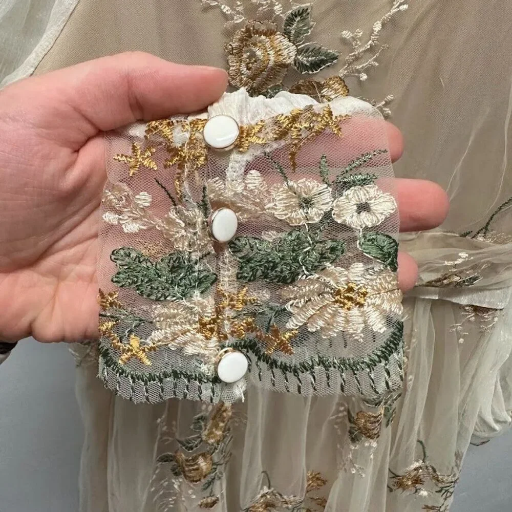 Maizishule Beige Floral Embroidered Midi Dress | Boho Sheer Long Sleeve Size L - Picture 2 of 16